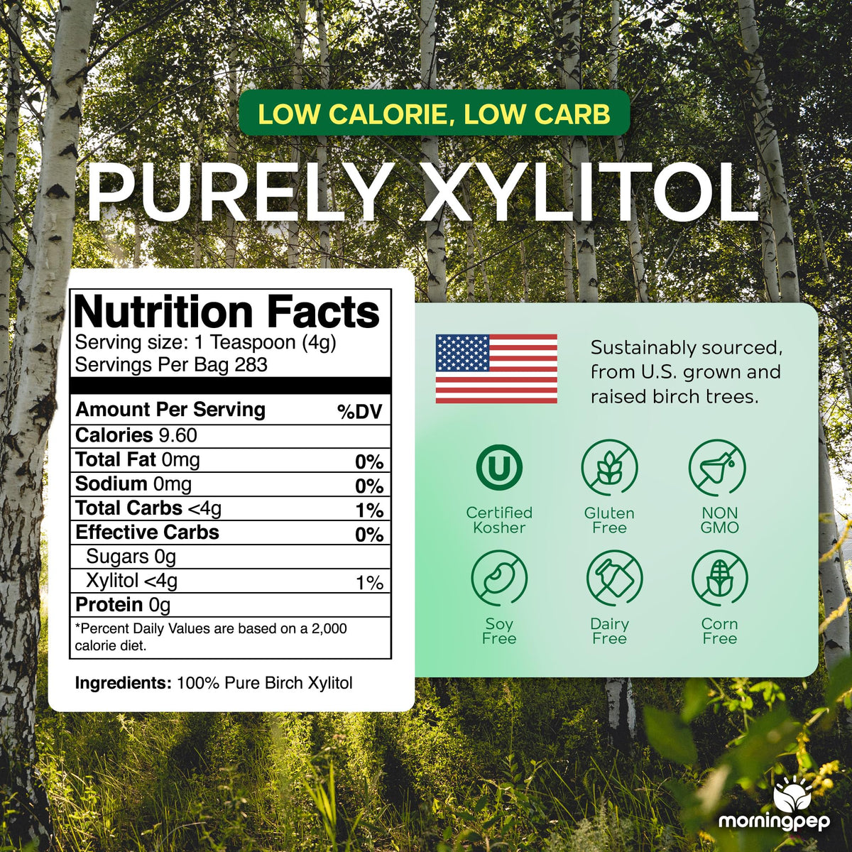 Morning Pep Pure Birch Xylitol – Keto-Friendly Sweetener with No Aftertaste (2.5 lb / 40 oz) Non-GMO, Kosher, Gluten Free, USA