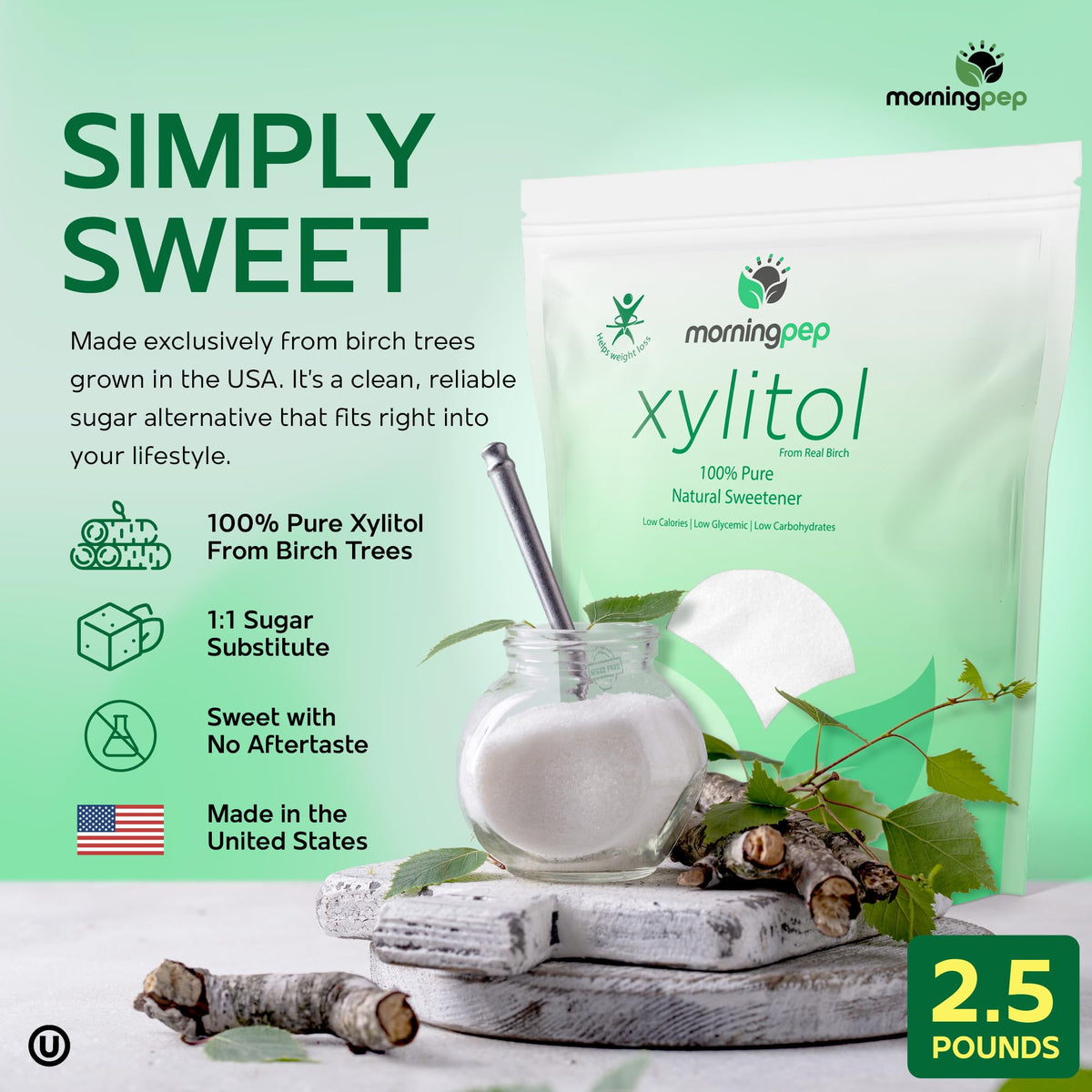 Morning Pep Pure Birch Xylitol – Keto-Friendly Sweetener with No Aftertaste (2.5 lb / 40 oz) Non-GMO, Kosher, Gluten Free, USA