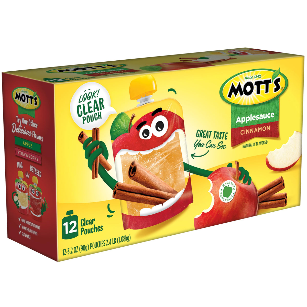 Mott's Cinnamon Applesauce 3.2 oz Clear Pouches — 48 Count (4 Packs of 12) No Artificial Flavors