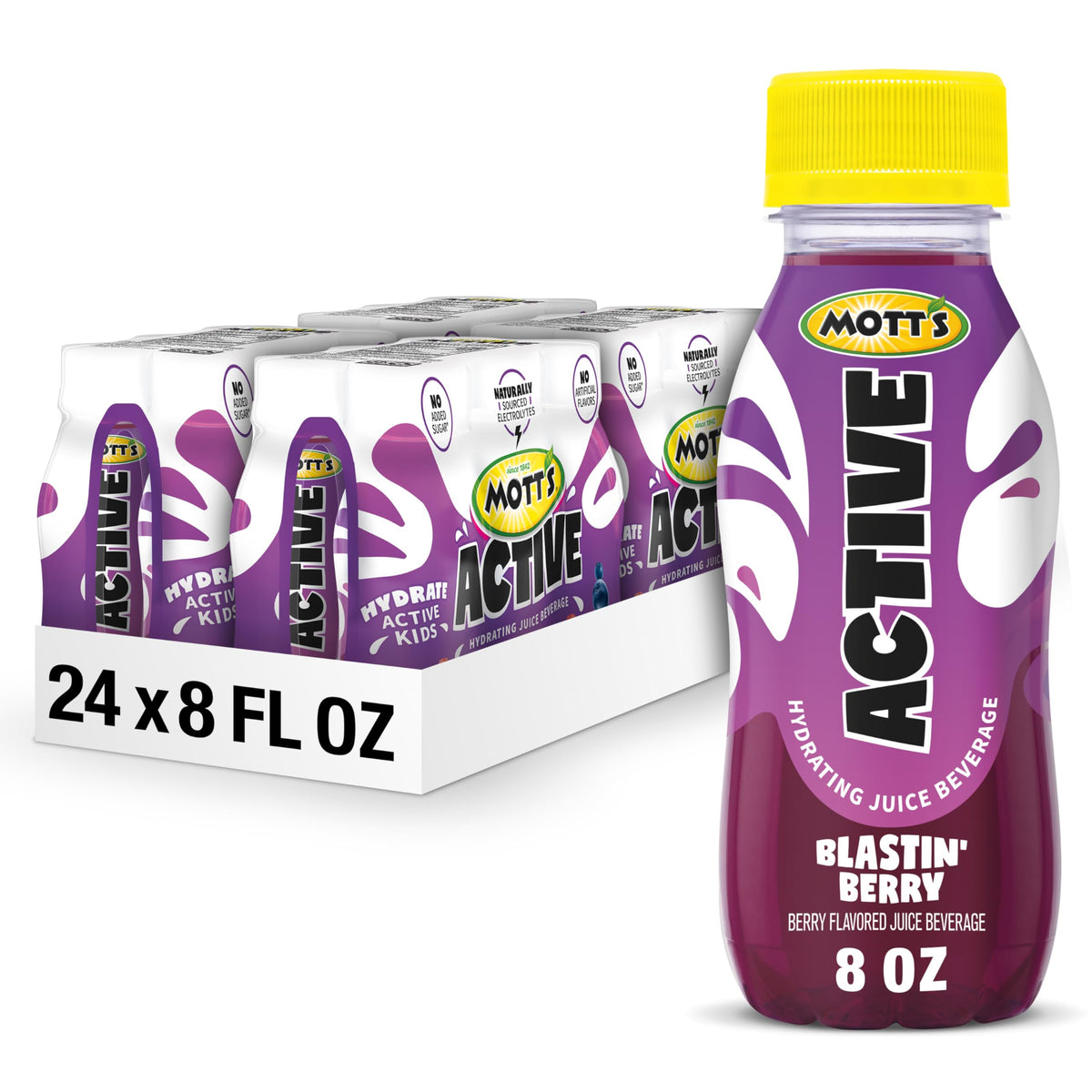 Mott's Active Blastin' Berry Hydrating Juice Beverage — 8 Fl oz Bottles, 24 Count (4 Packs) | Naturally Sourced Electrolytes & Coconut Water