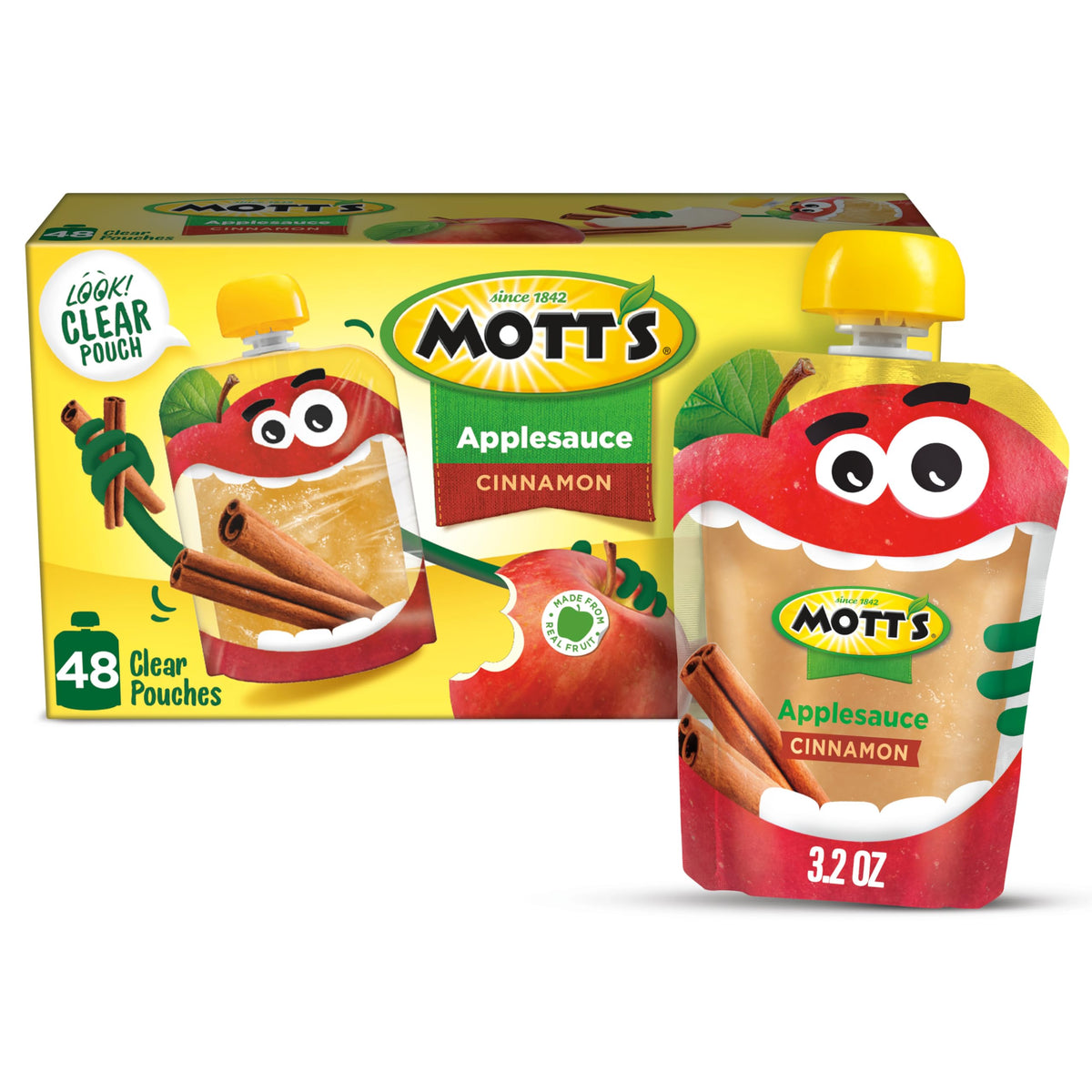 Mott's Cinnamon Applesauce 3.2 oz Clear Pouches — 48 Count (4 Packs of 12) No Artificial Flavors