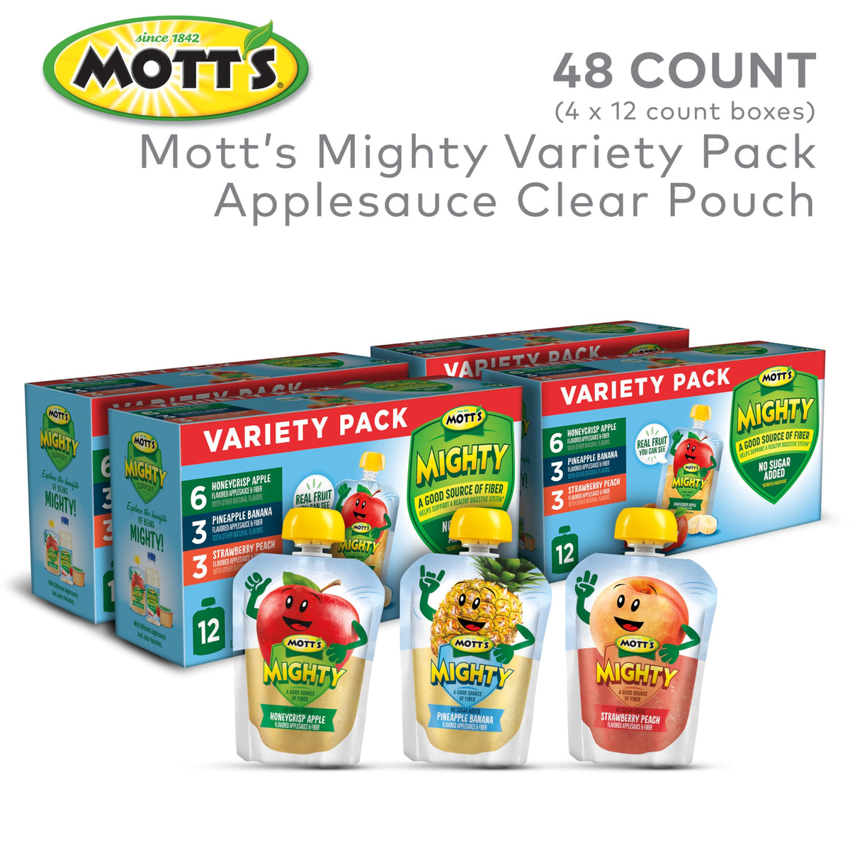 Mott's Mighty Applesauce Variety Pack - 3.2 oz Clear Pouches, 48 Count (4 Packs of 12)