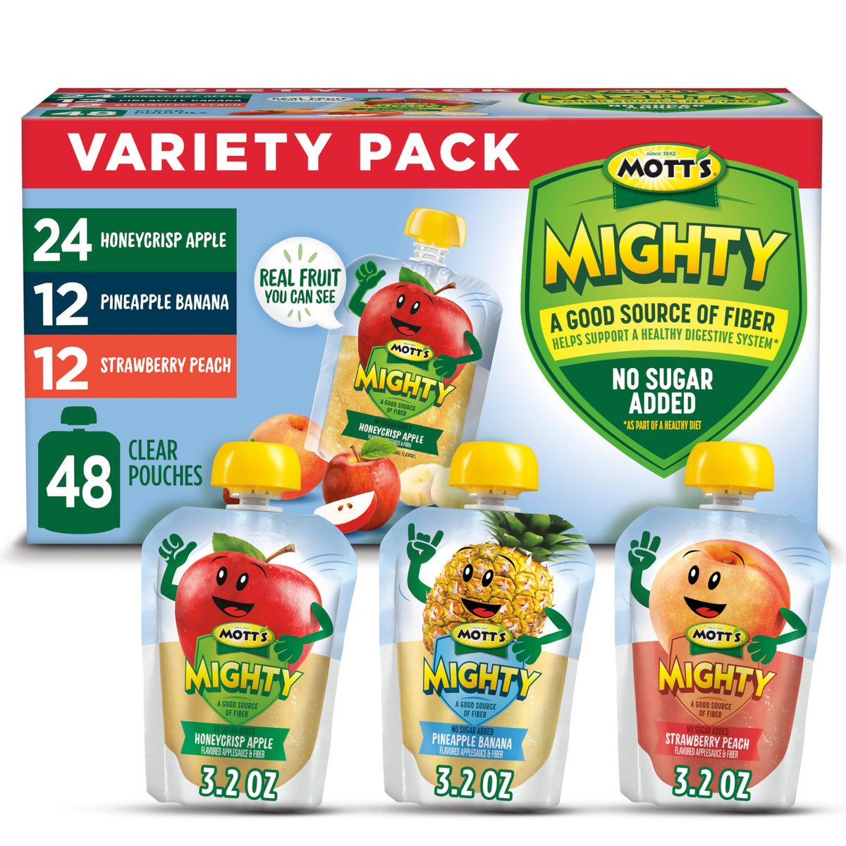 Mott's Mighty Applesauce Variety Pack - 3.2 oz Clear Pouches, 48 Count (4 Packs of 12)