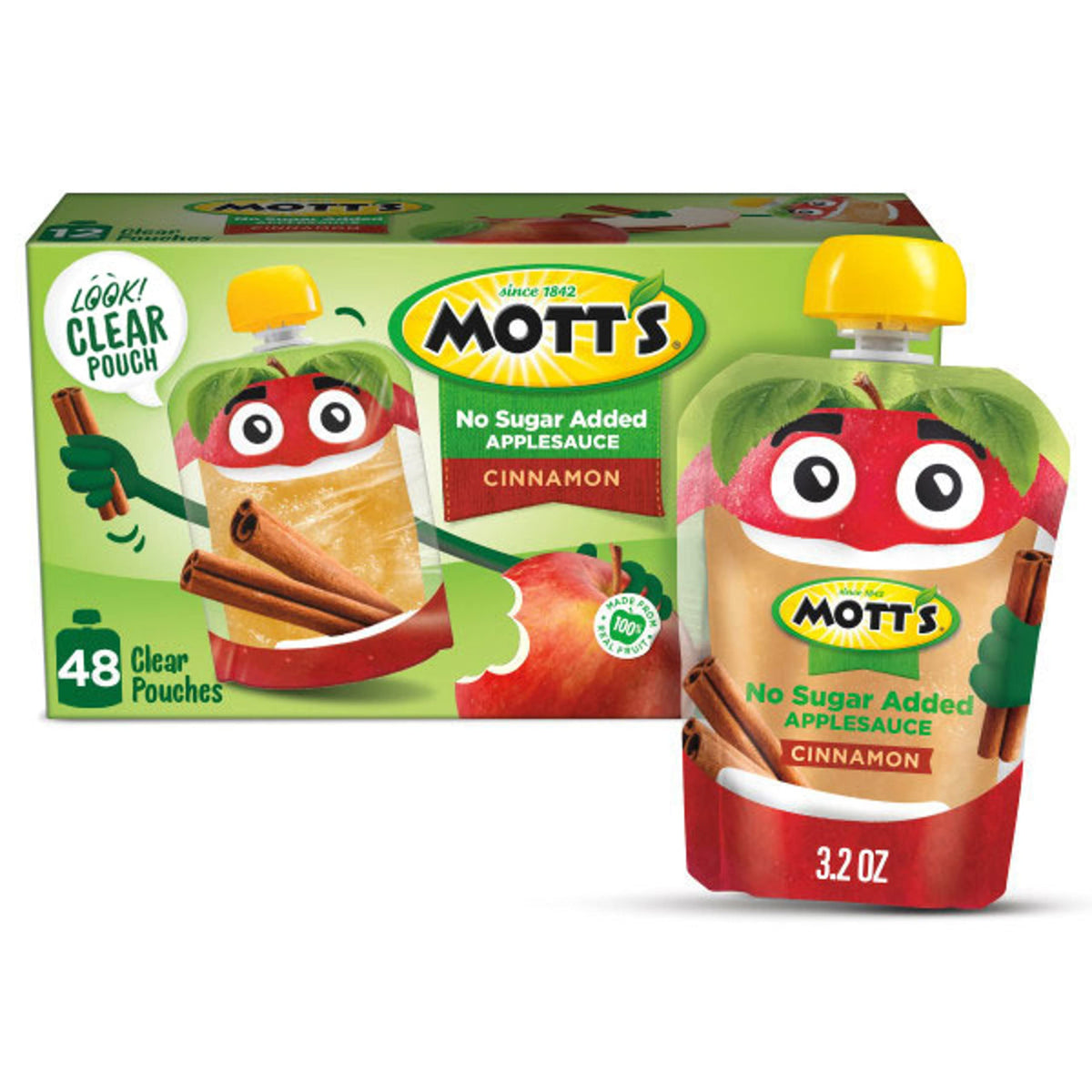Mott's No Sugar Added Cinnamon Applesauce Pouches – 3.2 oz, 48 Count, No Artificial Flavors