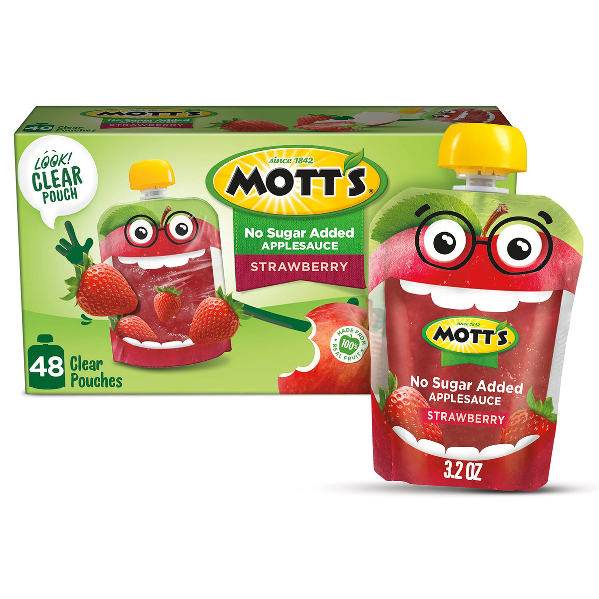 Mott's No Sugar Added Strawberry Applesauce Pouches – 3.2 oz, 48 Count, Vitamin C