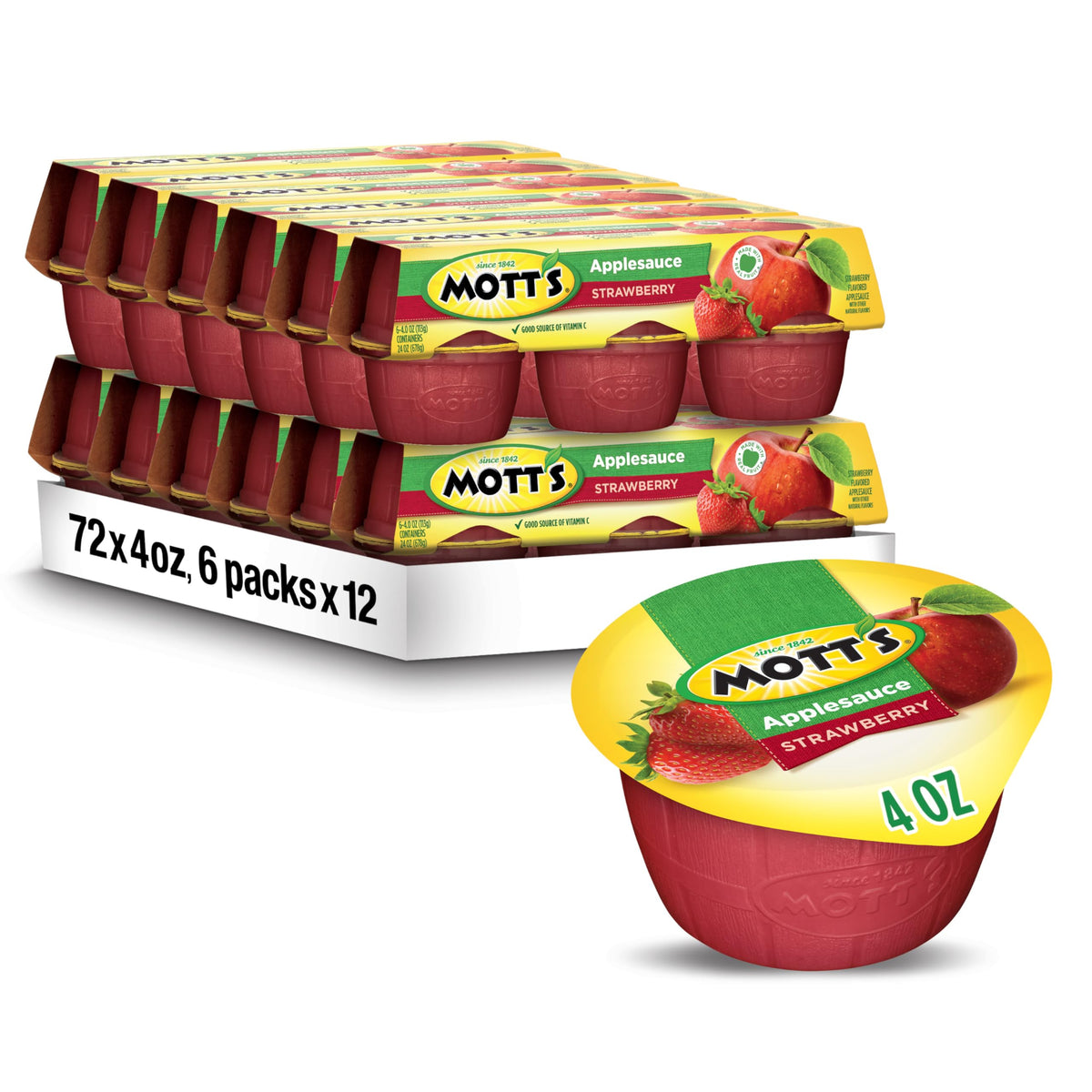 Mott's Strawberry Applesauce 4 oz Cups – 72 Count (12 Packs) | No Artificial Flavors, Vitamin C