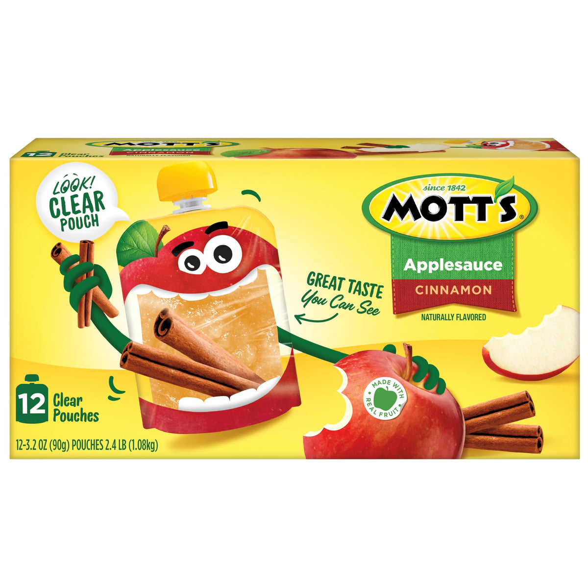 Mott's Cinnamon Applesauce 3.2 oz Clear Pouches — 48 Count (4 Packs of 12) No Artificial Flavors