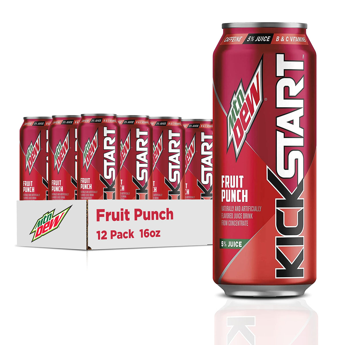 Mountain Dew Kickstart Fruit Punch – 92mg Caffeine, Vitamins B & C, 80 Calories, 16 oz Can (12 Pack)