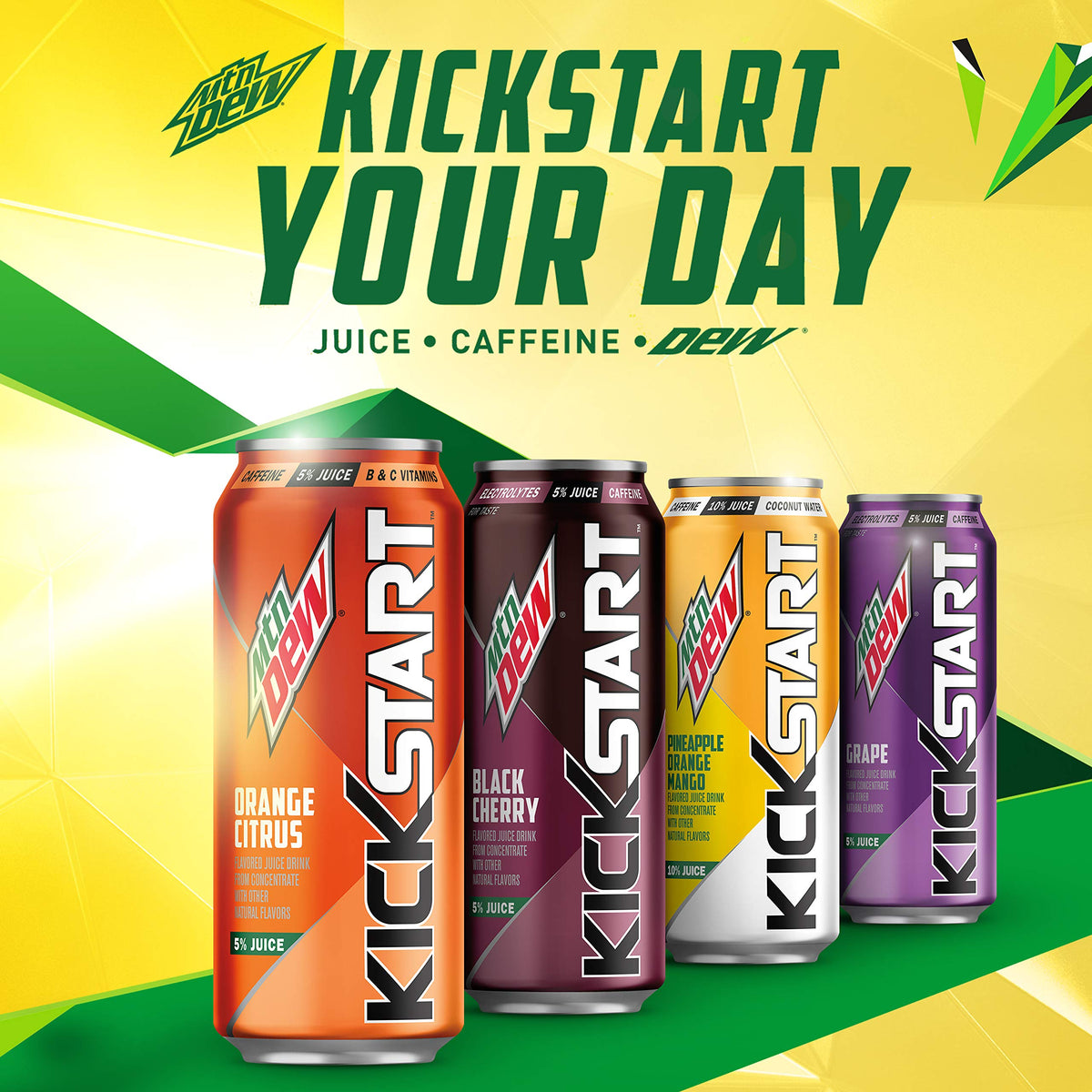 Mountain Dew Kickstart Fruit Punch – 92mg Caffeine, Vitamins B & C, 80 Calories, 16 oz Can (12 Pack)