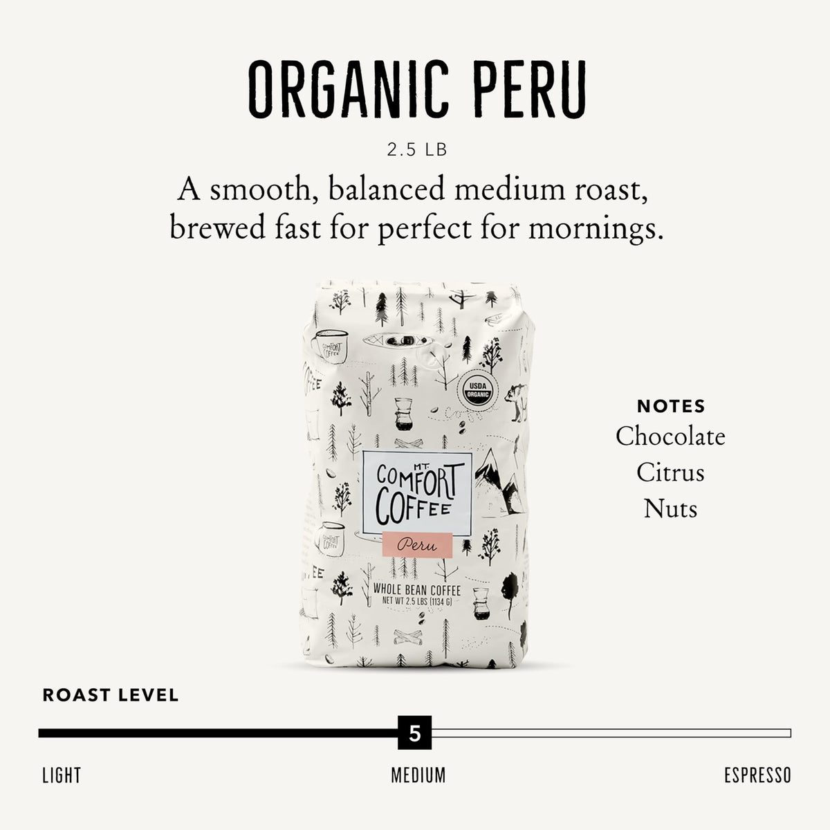 Mt. Comfort Coffee Organic Peru Medium Roast | 2.5 lb Whole Beans