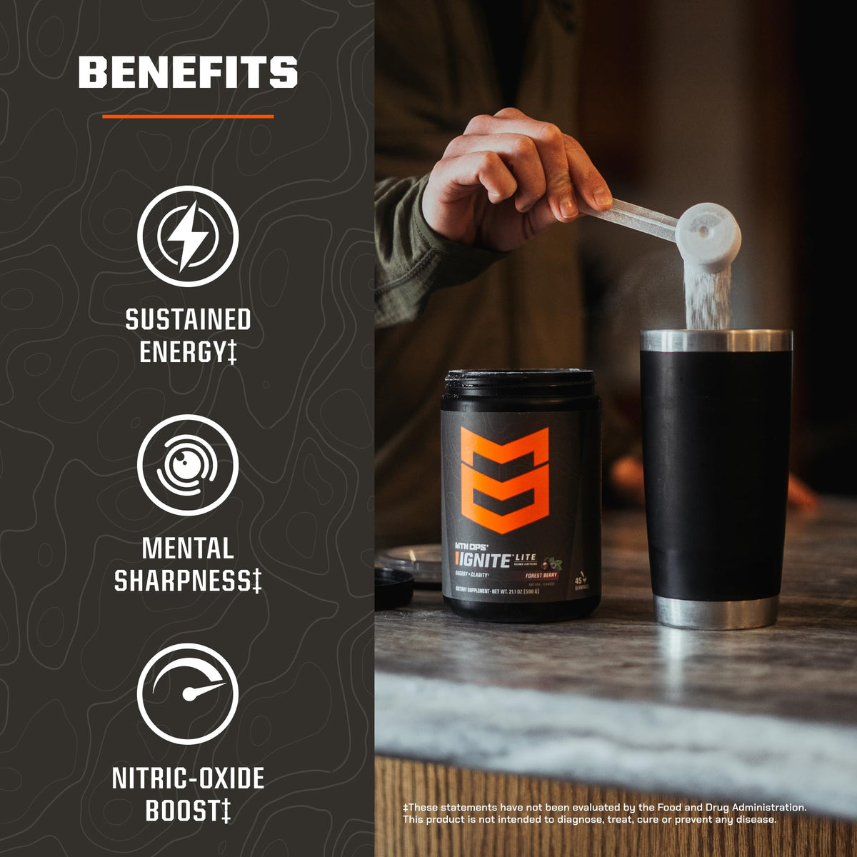 MTN OPS Ignite Lite Sugar Free Energy Drink Powder — 100 mg Caffeine, Nootropic Blend, Raspberry Lemonade, 45 Servings