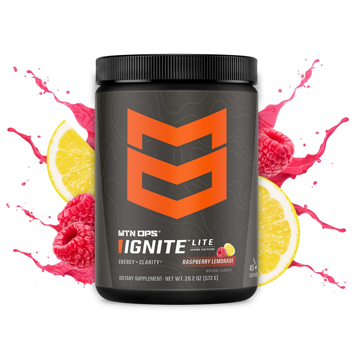 MTN OPS Ignite Lite Sugar Free Energy Drink Powder — 100 mg Caffeine, Nootropic Blend, Raspberry Lemonade, 45 Servings