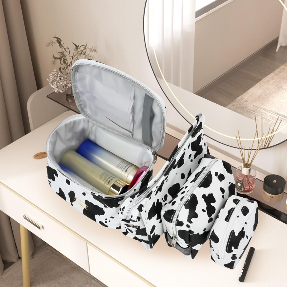 Mulaibdin 4 Pack Makeup Bag, Cows Travel Toiletry Bags for Women, Cute Cosmetic Organizer Pouch with Small Make Up Bag Leather Waterproof Handbag (Style1)
