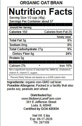 Mulberry Lane Farms Organic Oat Bran – 5 lb Bulk, Non-GMO & 100% Oat Bran