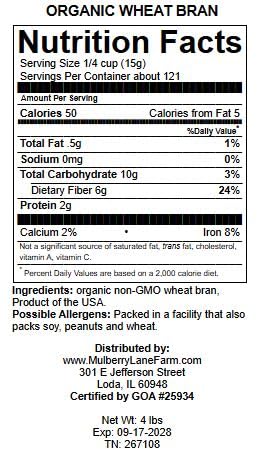Mulberry Lane Farms Organic Wheat Bran — 4 lb Bulk, Non-GMO, Product of USA