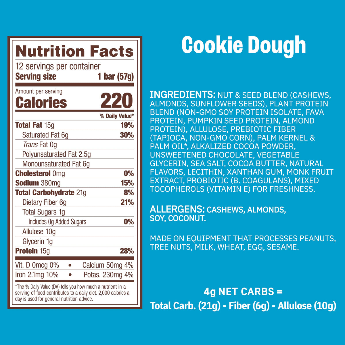 Munk Pack Cookie Dough Probiotic Keto Protein Bars — 15g Protein, 1g Sugar, 4g Net Carbs | Gluten Free, Non-GMO | 12 Count
