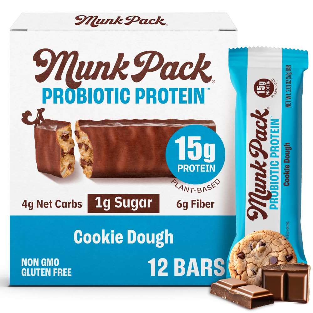 Munk Pack Cookie Dough Probiotic Keto Protein Bars — 15g Protein, 1g Sugar, 4g Net Carbs | Gluten Free, Non-GMO | 12 Count