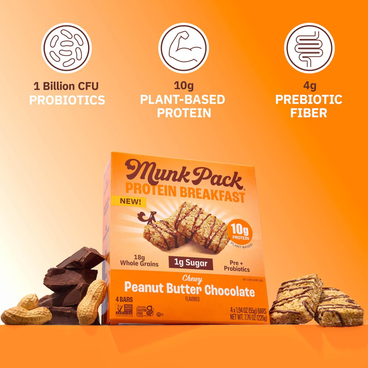 Munk Pack Peanut Butter Probiotic Protein Bars – 10g Plant Protein, 1g Sugar, 6g Fiber | Gluten-Free, Non-GMO Breakfast Bars (12 Count)