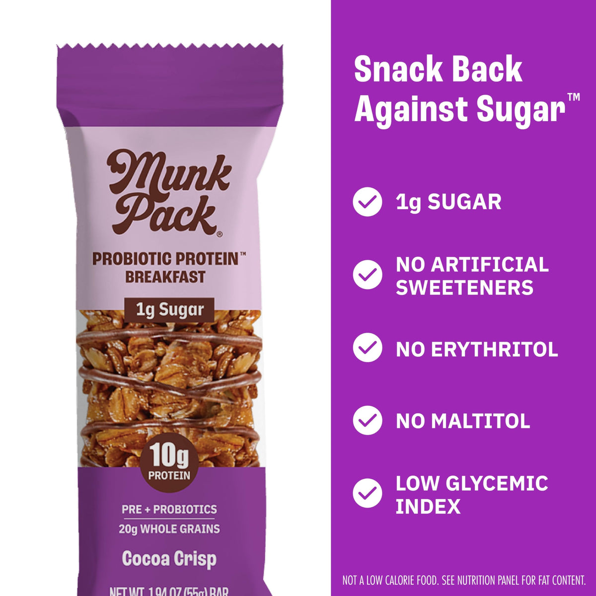 Munk Pack Probiotic Protein Bars - Cocoa Crisp | 10g Plant Protein, 1g Sugar, 6g Fiber | Gluten-Free, Non-GMO On-The-Go Breakfast Bars - 12 Count