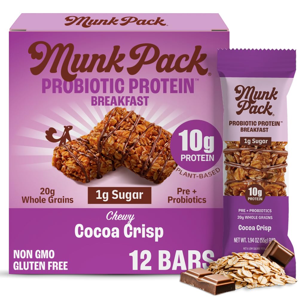 Munk Pack Probiotic Protein Bars - Cocoa Crisp | 10g Plant Protein, 1g Sugar, 6g Fiber | Gluten-Free, Non-GMO On-The-Go Breakfast Bars - 12 Count