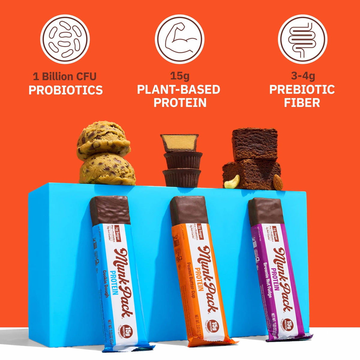 Munk Pack Variety Pack Probiotic Protein Bars | 15g Protein, 1g Sugar, 5g Net Carbs | Plant-Based