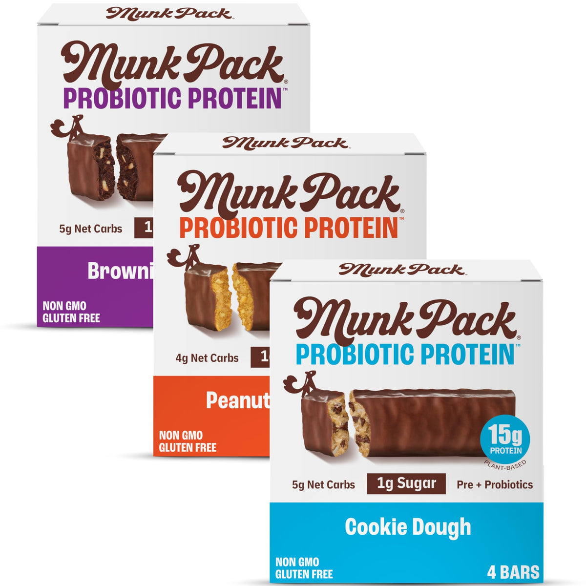 Munk Pack Variety Pack Probiotic Protein Bars | 15g Protein, 1g Sugar, 5g Net Carbs | Plant-Based