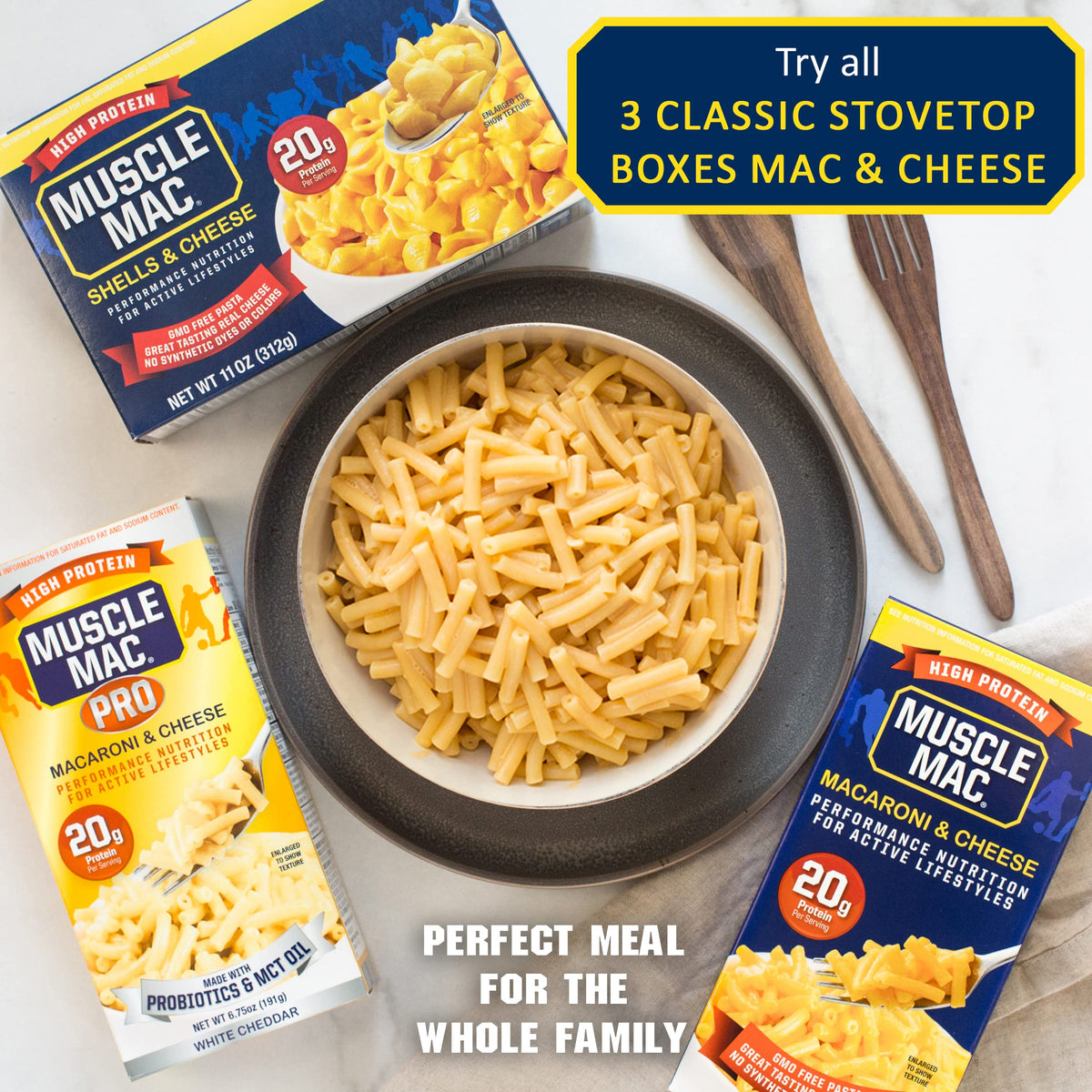 MUSCLE MAC Macaroni & Cheese with Probiotics & MCT Oil — 20g Protein per Serving (10 Pack)