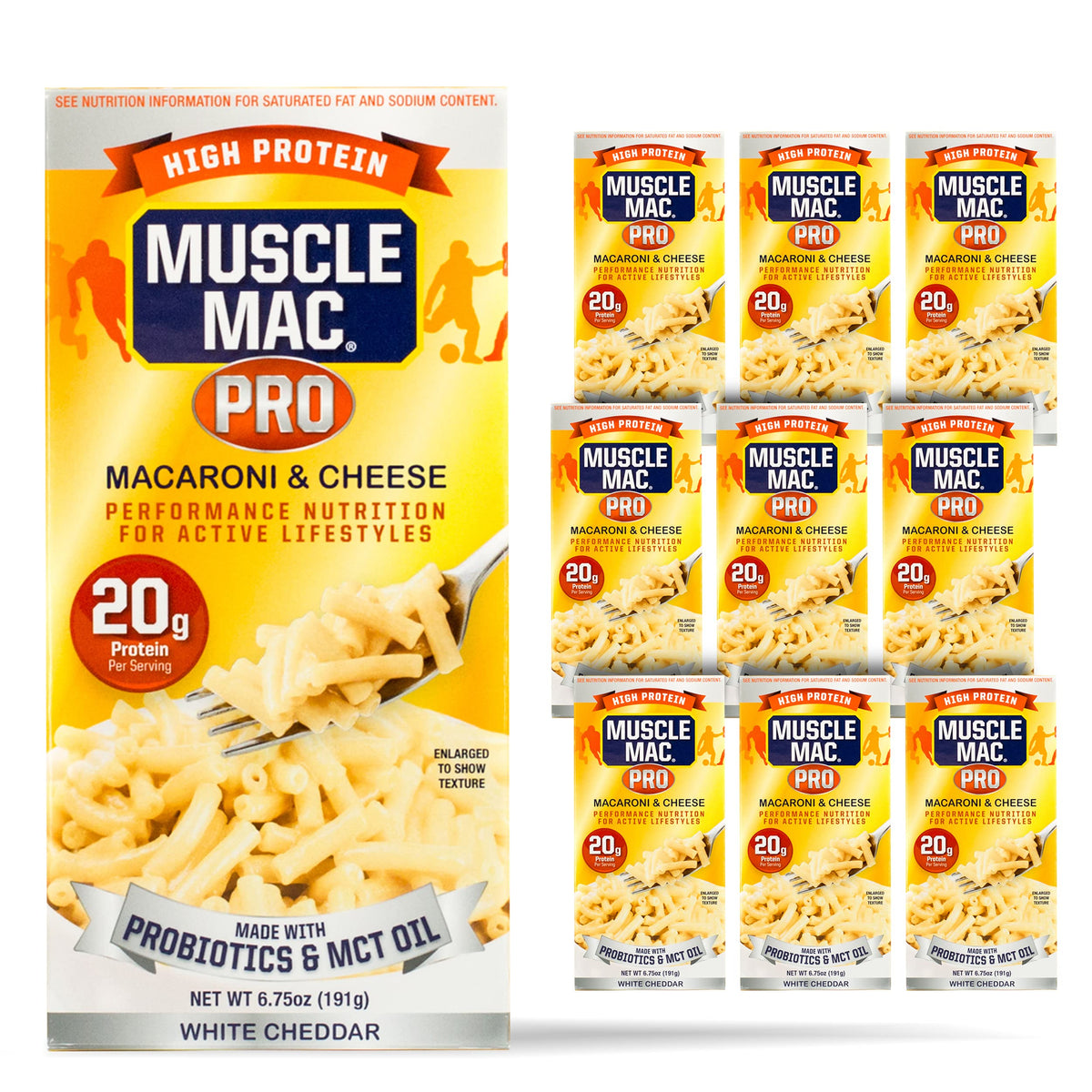 MUSCLE MAC Macaroni & Cheese with Probiotics & MCT Oil — 20g Protein per Serving (10 Pack)