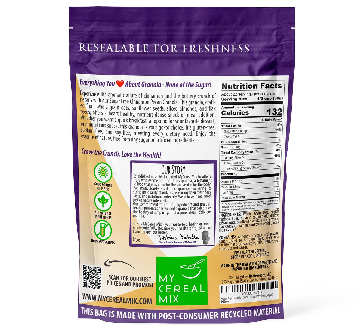 MyCerealMix Sugar Free Granola Cinnamon Pecan 24oz | Keto & Diabetic Friendly, High Fiber, Gluten Free