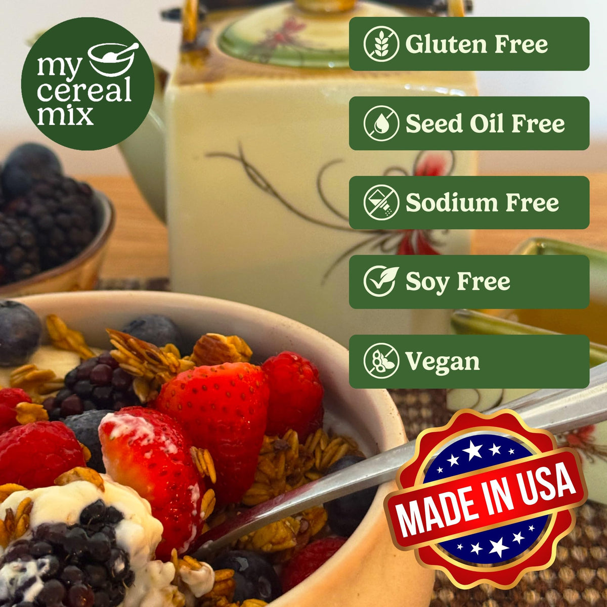 MyCerealMix Sugar Free Granola Cinnamon Pecan 24oz | Keto & Diabetic Friendly, High Fiber, Gluten Free
