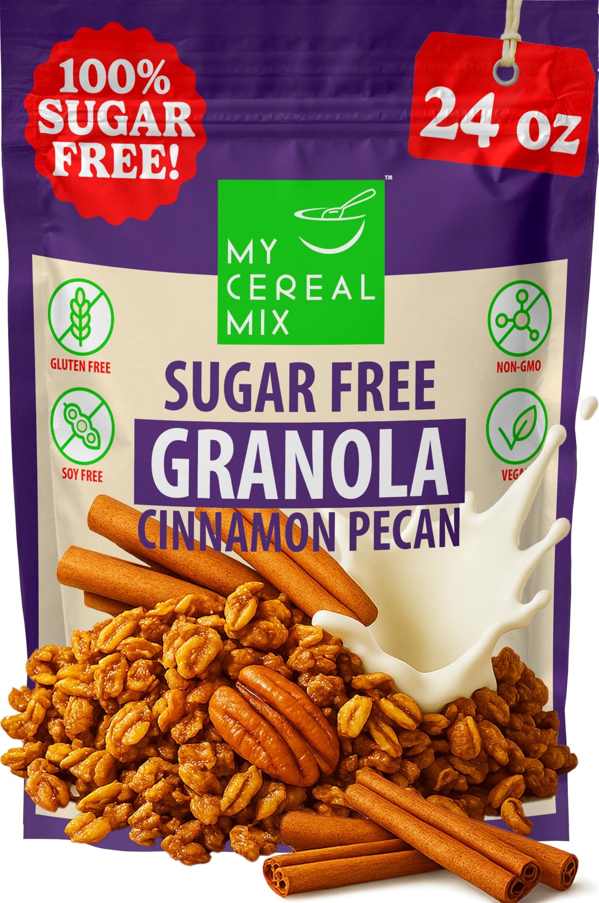 MyCerealMix Sugar Free Granola Cinnamon Pecan 24oz | Keto & Diabetic Friendly, High Fiber, Gluten Free
