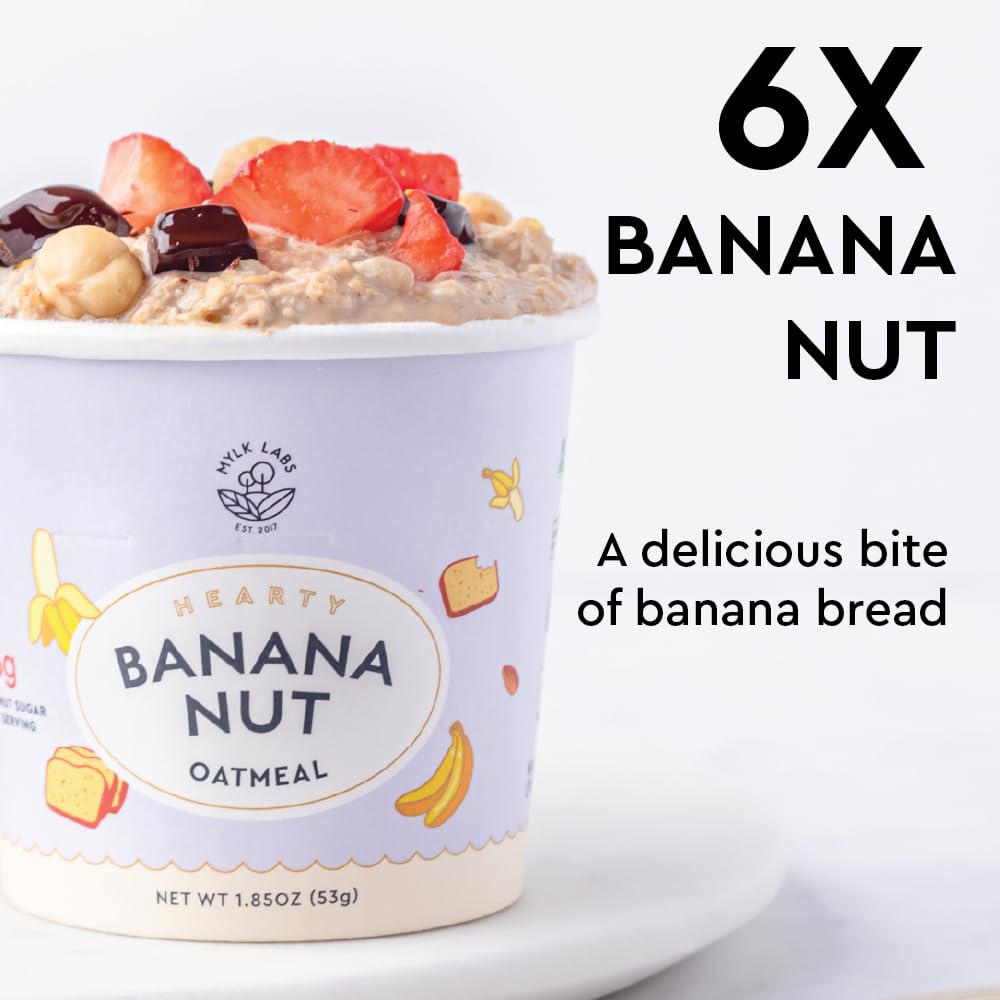 Mylk Labs Banana Nut Protein Oatmeal Cups – Whole Grain, Gluten Free, Vegan, 7g Protein, 6g Fiber (6 Pack)