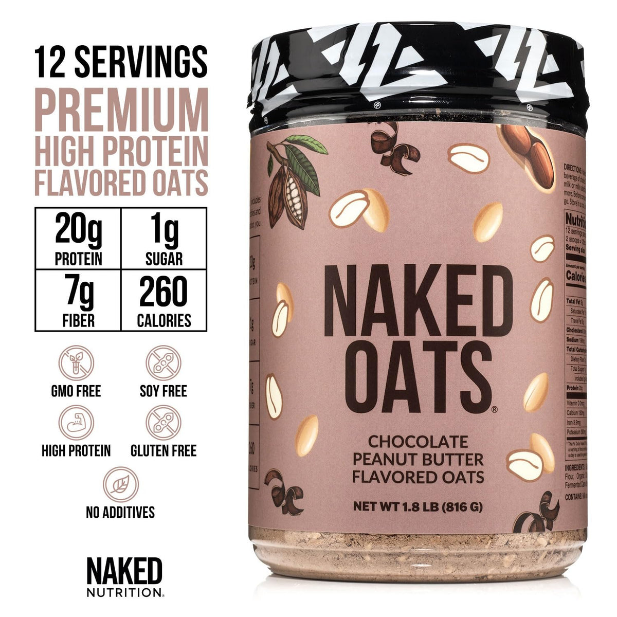 NAKED Oats - Chocolate PB Overnight Oats | 20g Grass-Fed Protein, Gluten-Free, Non-GMO, 12 Servings