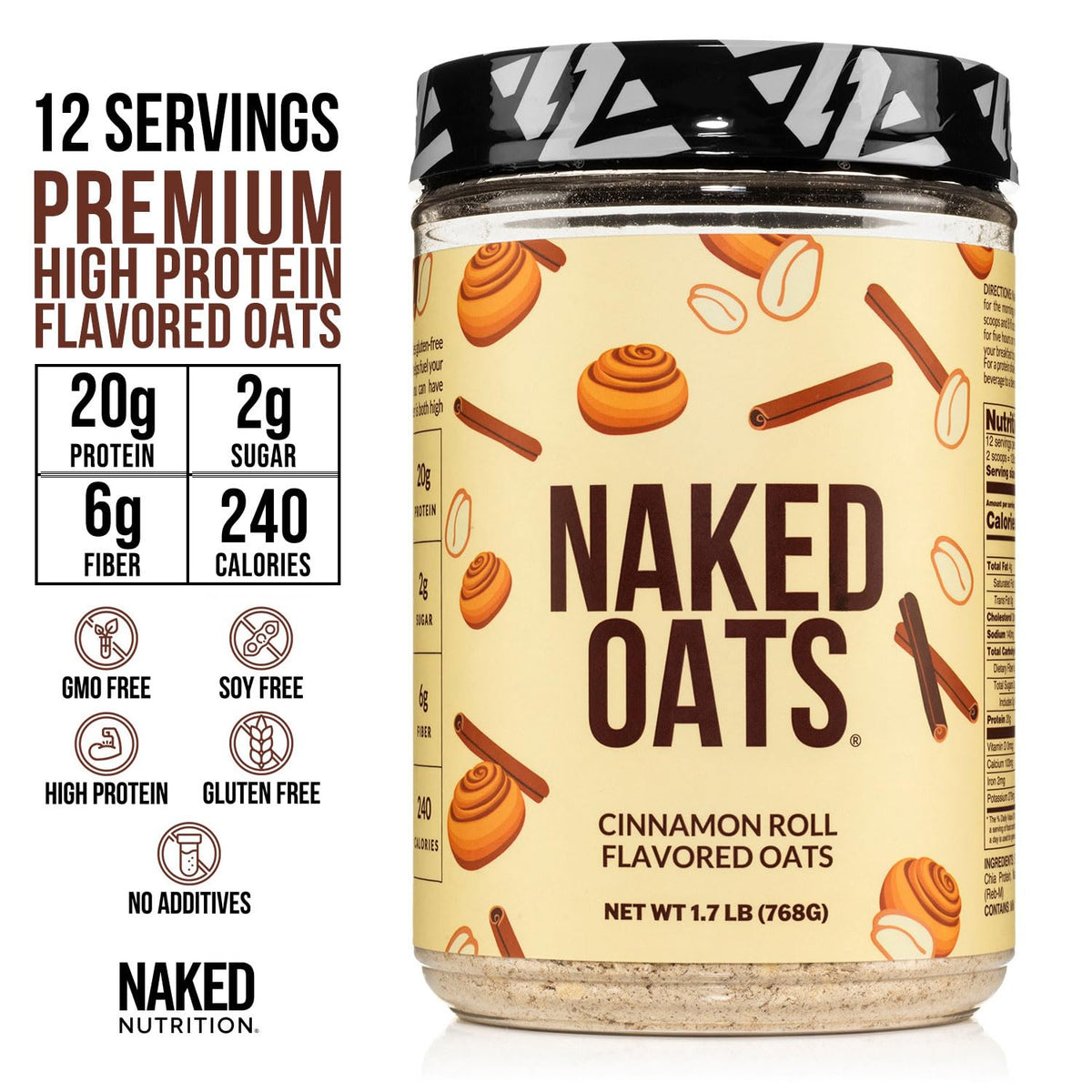Naked Oats Cinnamon Overnight Oats – 20g Protein, Gluten-Free, 12 Servings