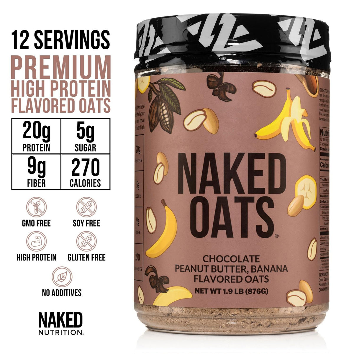 NAKED Oats Chocolate PB Banana Overnight Oats – 20g Whey Protein, Gluten Free, High Fiber, 12 Servings