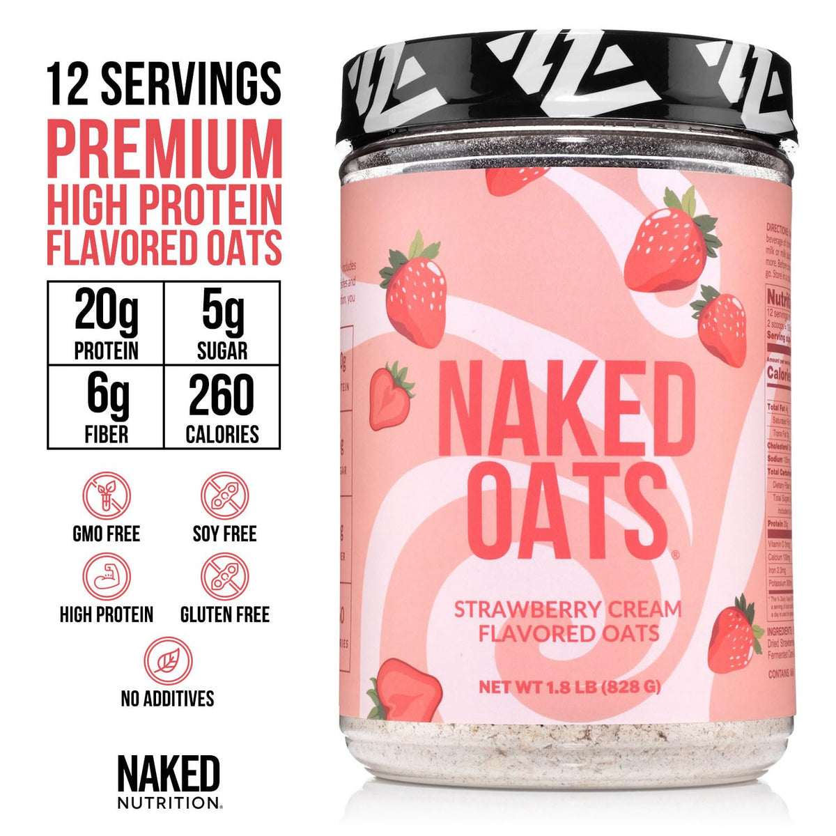 NAKED Oats Strawberry Cream Overnight Oats – 20g Grass-Fed Protein, Gluten-Free, Non-GMO, No Soy, 12 Servings