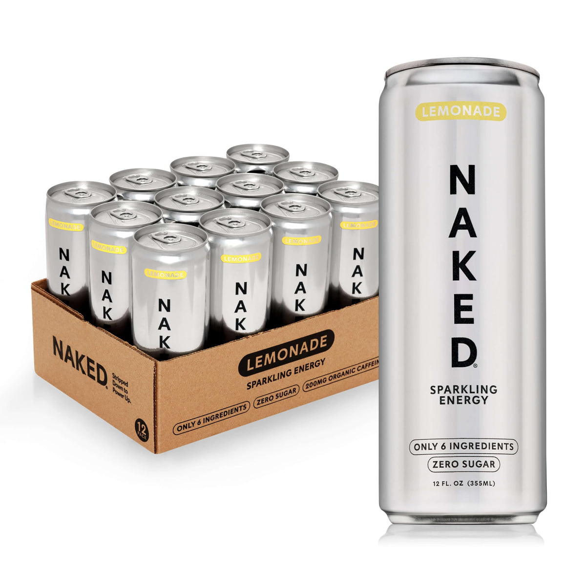 Naked Sparkling Energy Drink Lemonade – Organic Caffeine, Zero Sugar, 12oz Cans (Pack of 12)