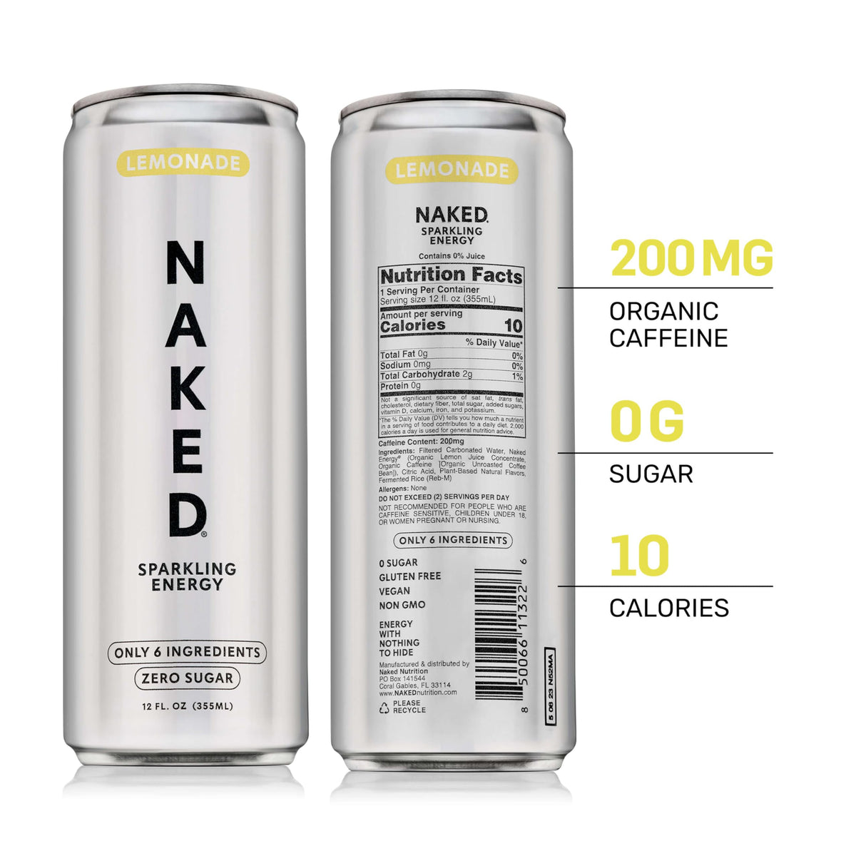Naked Sparkling Energy Drink Lemonade – Organic Caffeine, Zero Sugar, 12oz Cans (Pack of 12)