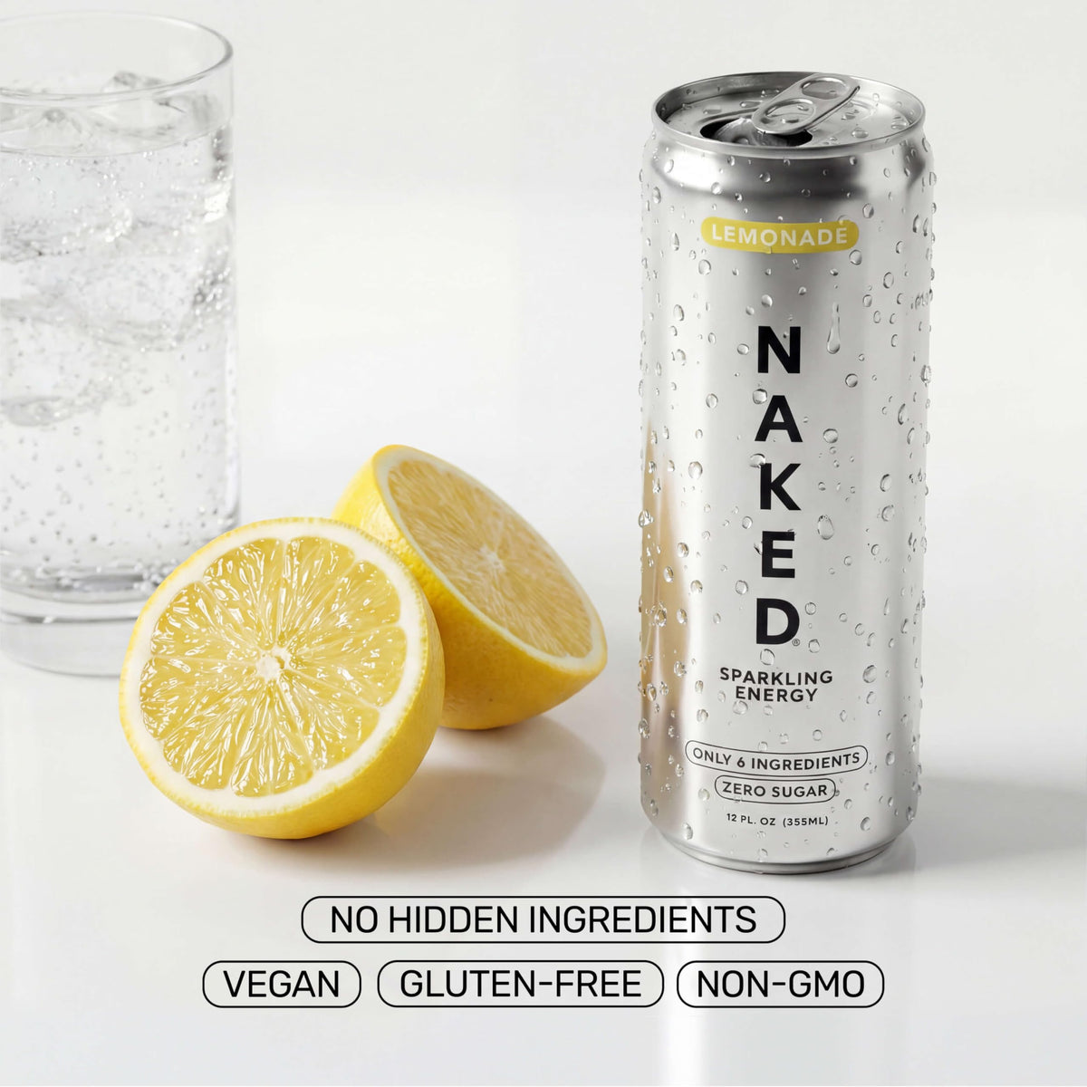 Naked Sparkling Energy Drink Lemonade – Organic Caffeine, Zero Sugar, 12oz Cans (Pack of 12)