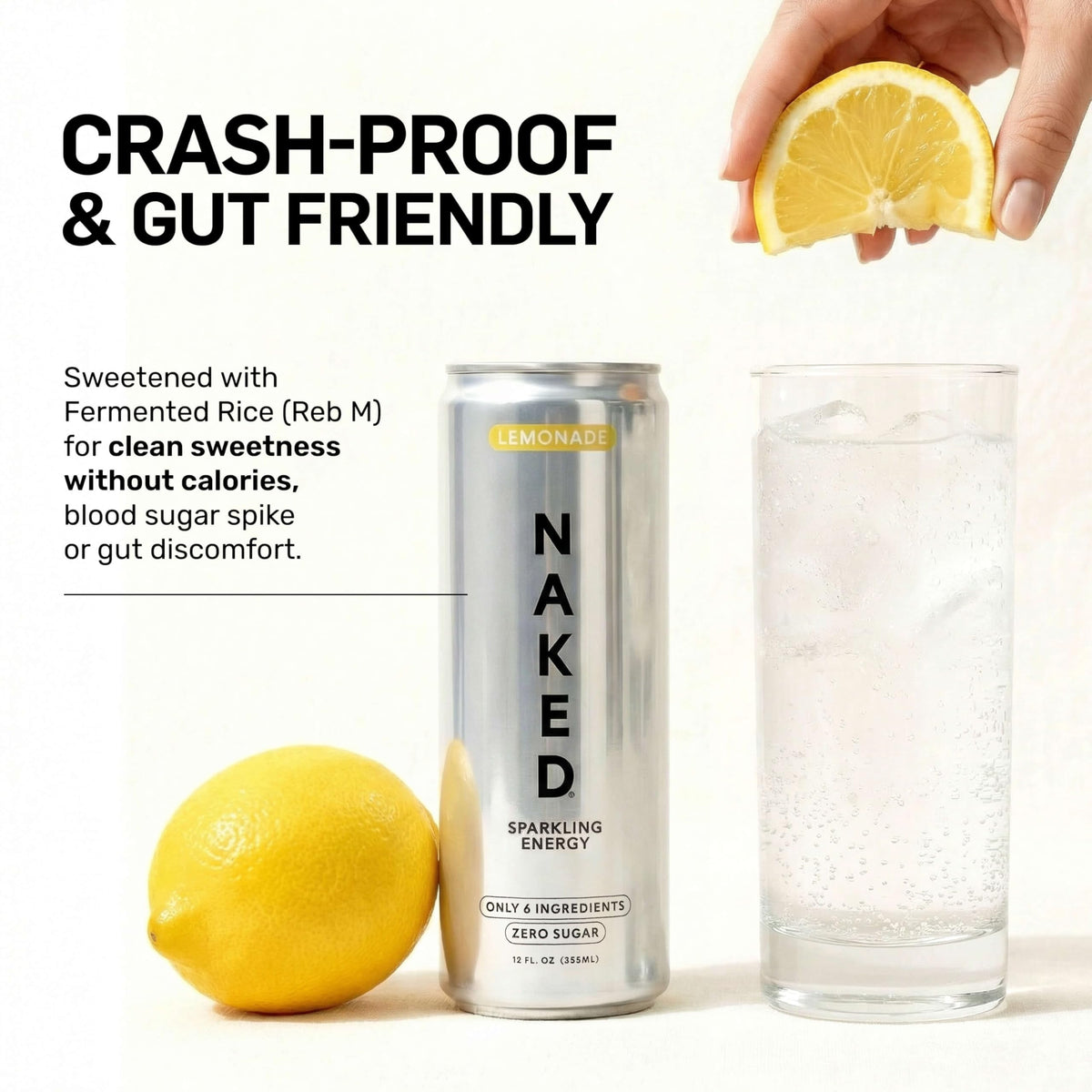Naked Sparkling Energy Drink Lemonade – Organic Caffeine, Zero Sugar, 12oz Cans (Pack of 12)