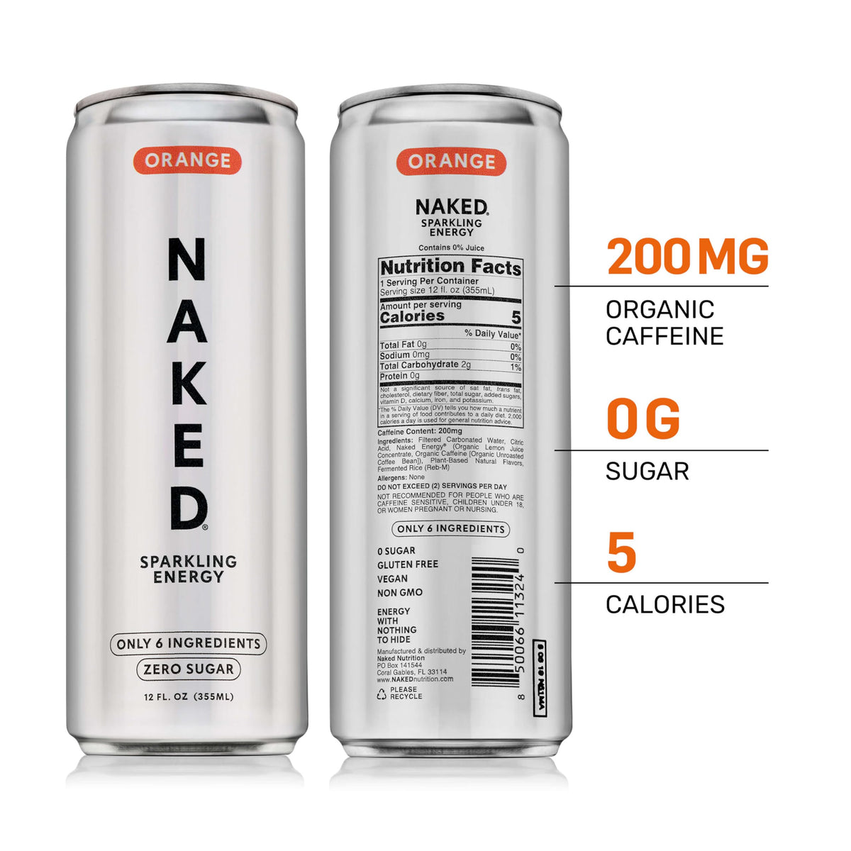 NAKED Sparkling Energy Drink Orange – Organic Caffeine, Zero Sugar, Natural Lemon, 12oz Cans (Pack of 12) | Vegan, Gluten-Free, Non-GMO