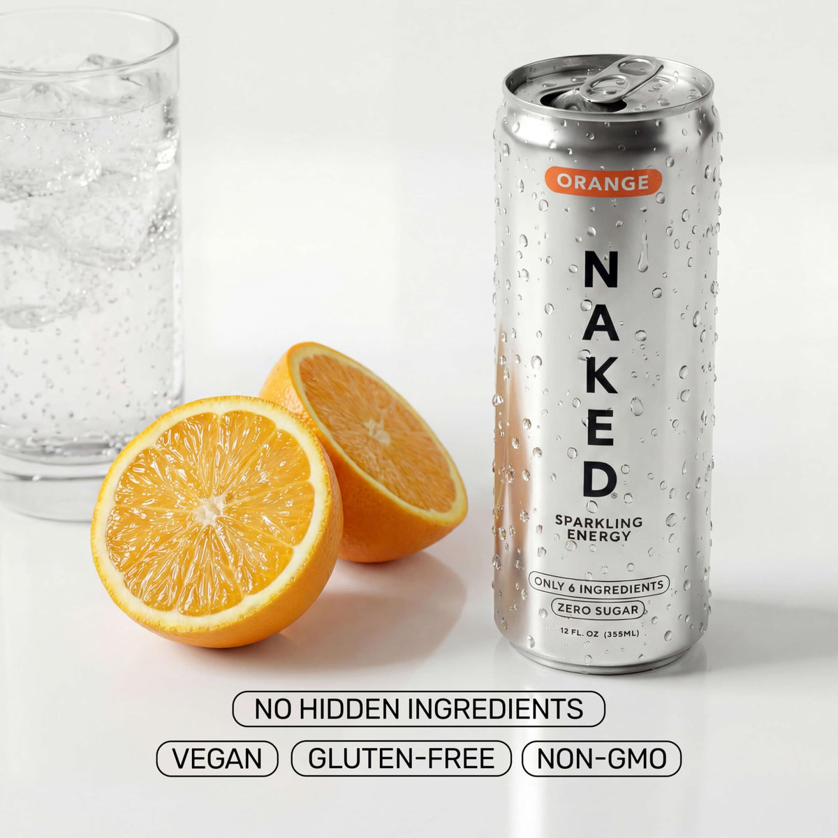 NAKED Sparkling Energy Drink Orange – Organic Caffeine, Zero Sugar, Natural Lemon, 12oz Cans (Pack of 12) | Vegan, Gluten-Free, Non-GMO