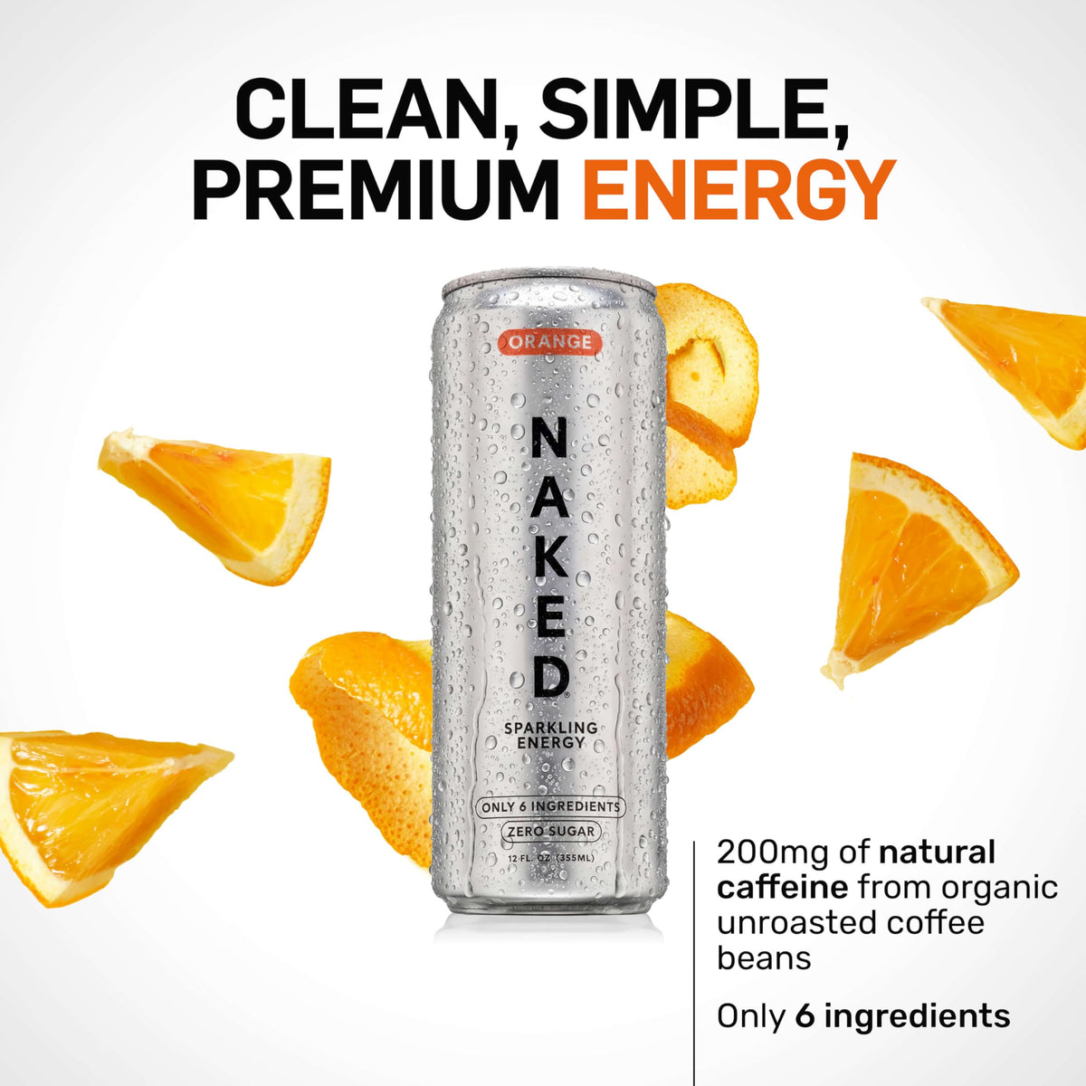 NAKED Sparkling Energy Drink Orange – Organic Caffeine, Zero Sugar, Natural Lemon, 12oz Cans (Pack of 12) | Vegan, Gluten-Free, Non-GMO