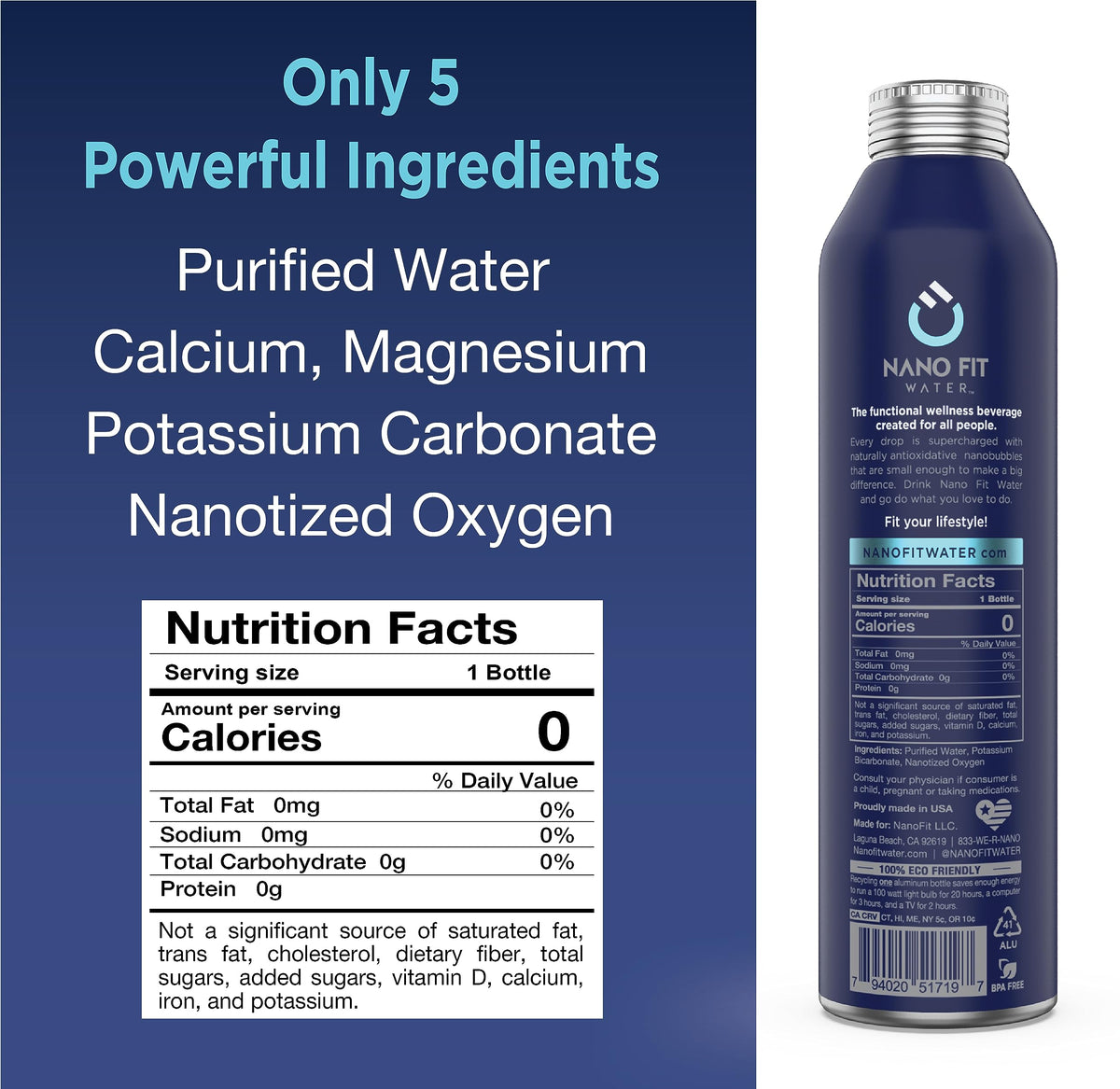 NANO FIT WATER - Oxygen Infused Alkaline Still Water in 16 oz Aluminum Bottle (12 Pack)