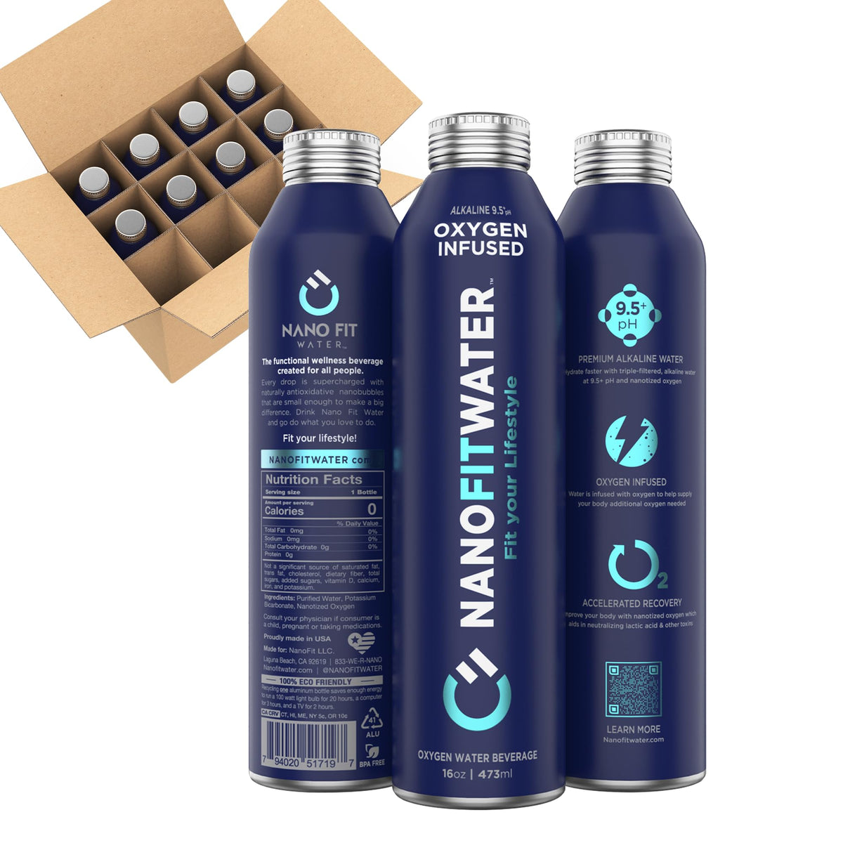 NANO FIT WATER - Oxygen Infused Alkaline Still Water in 16 oz Aluminum Bottle (12 Pack)