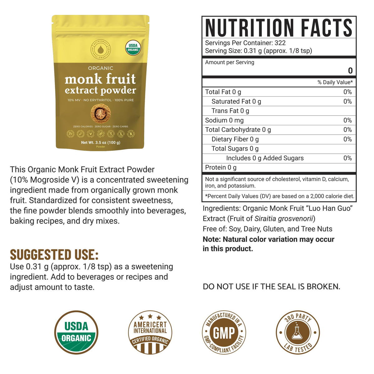 NatriSweet Organic Monk Fruit Extract Powder – Zero Calories, Zero Carbs, 322 Servings (3.5 oz), Keto & Paleo Friendly