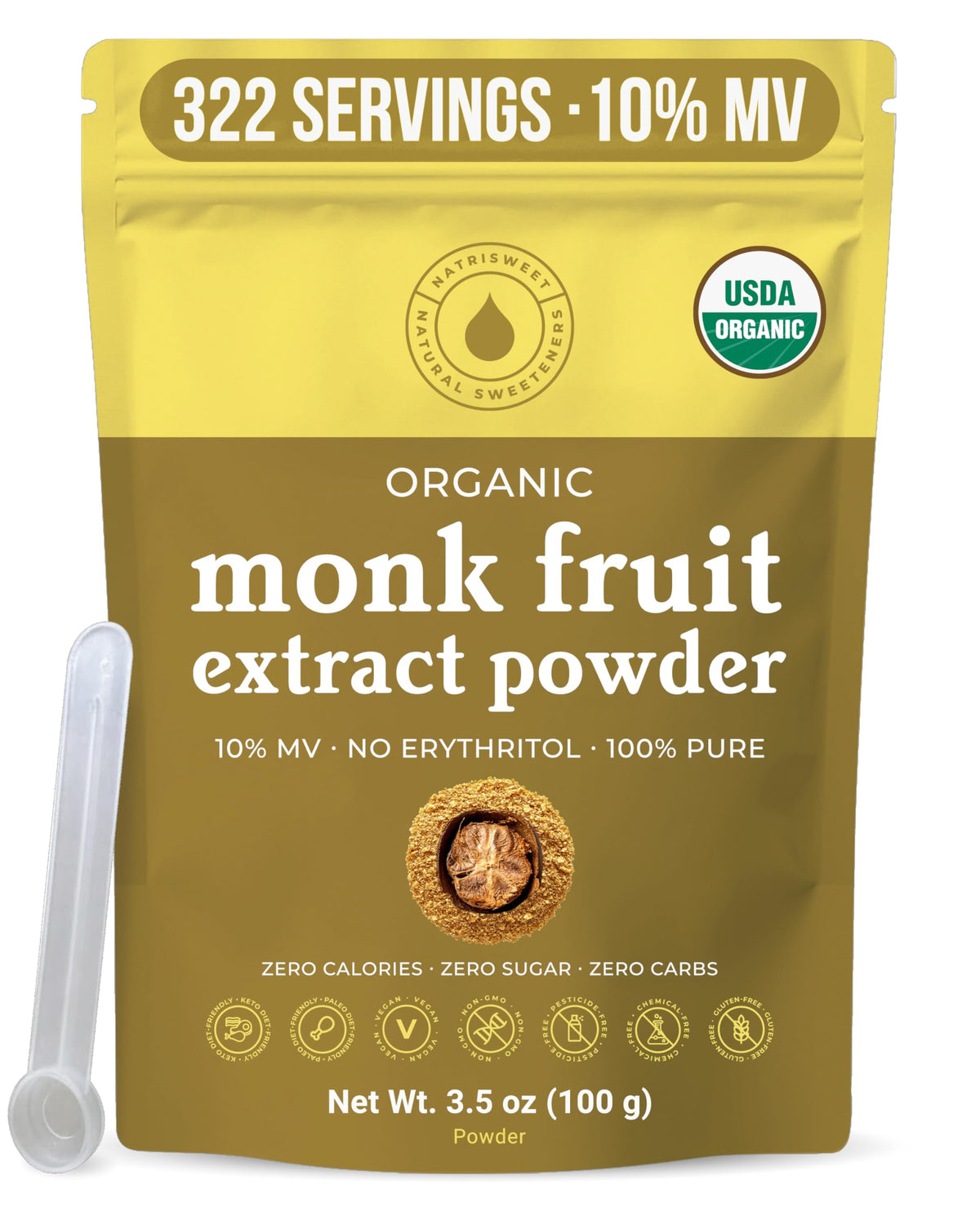 NatriSweet Organic Monk Fruit Extract Powder – Zero Calories, Zero Carbs, 322 Servings (3.5 oz), Keto & Paleo Friendly