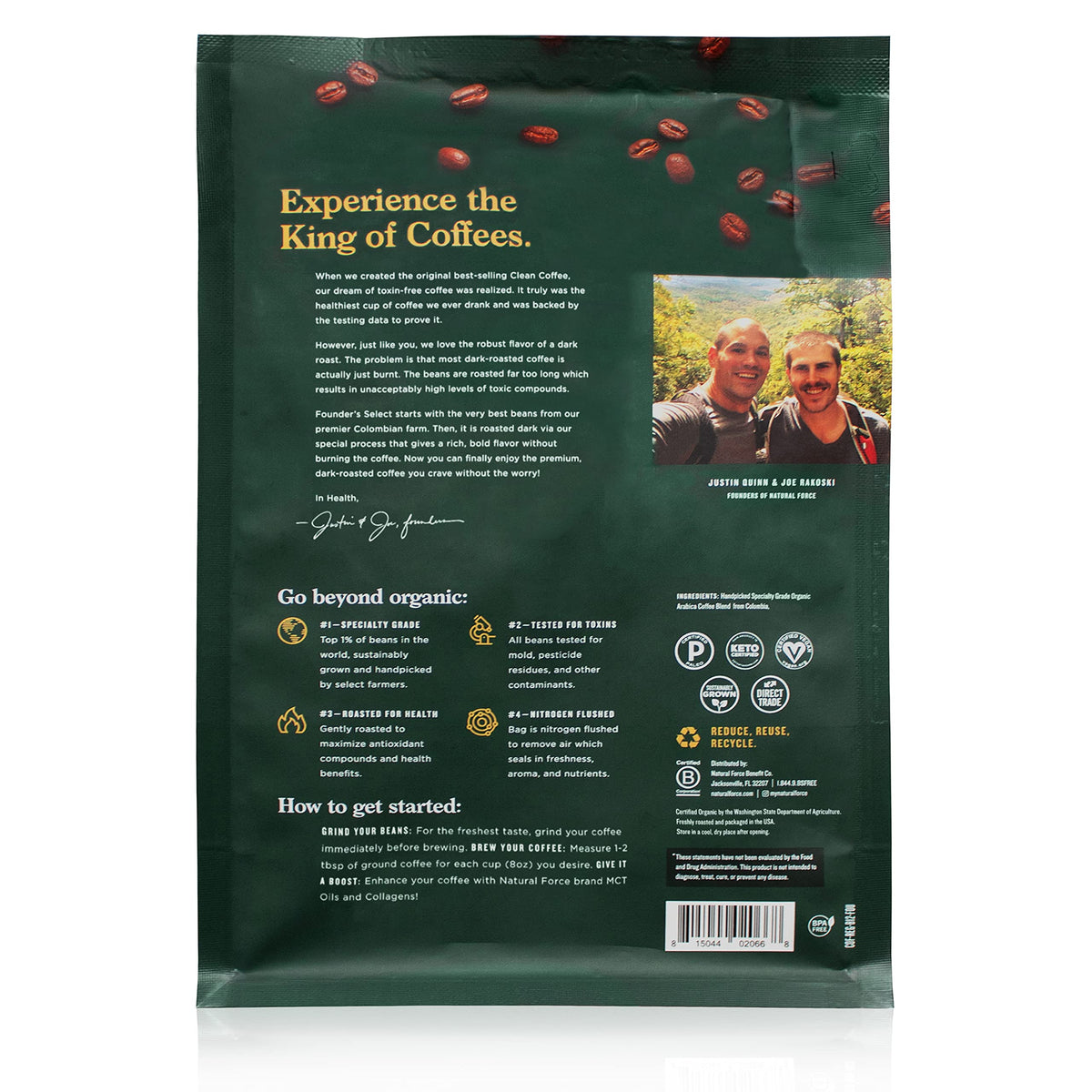 Natural Force Founder's Select Organic Mold Free Coffee – High CGA, Low Acidity, Whole Bean Dark Roast 12 oz