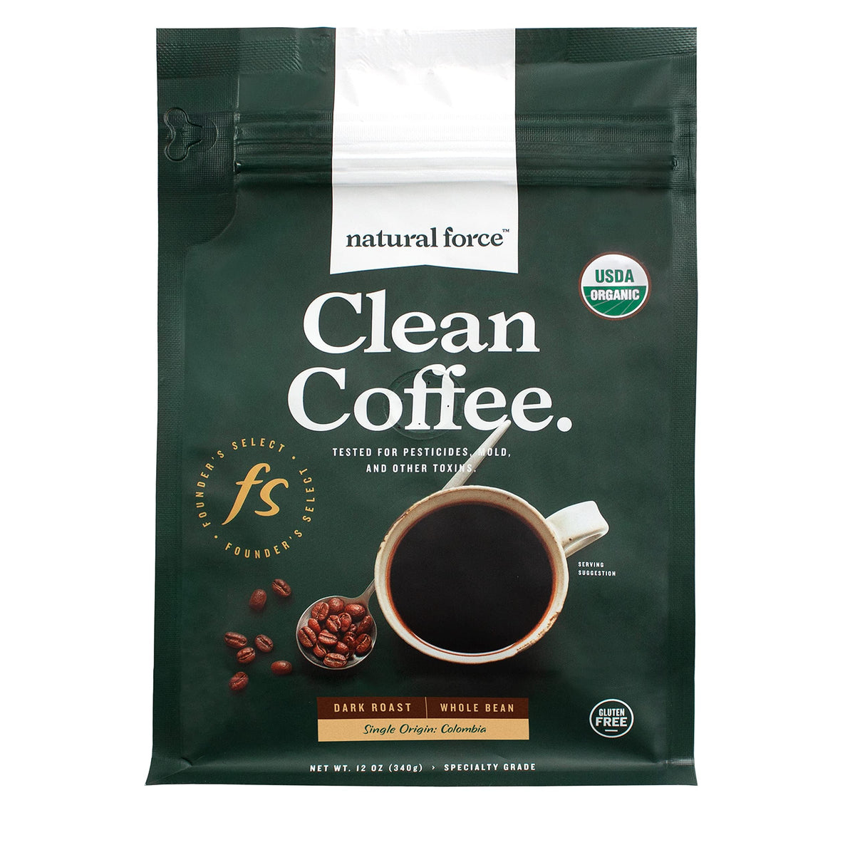 Natural Force Founder's Select Organic Mold Free Coffee – High CGA, Low Acidity, Whole Bean Dark Roast 12 oz