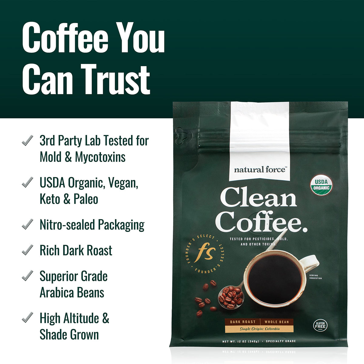 Natural Force Founder's Select Organic Mold Free Coffee – High CGA, Low Acidity, Whole Bean Dark Roast 12 oz